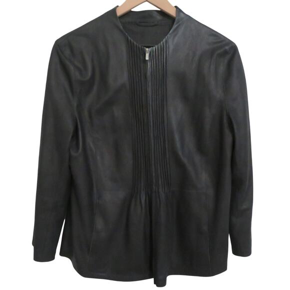 Armani Collezioni Womens Sz 10 Black 100% Goat Leather Jacket Pleated Zip Front - Picture 1 of 6